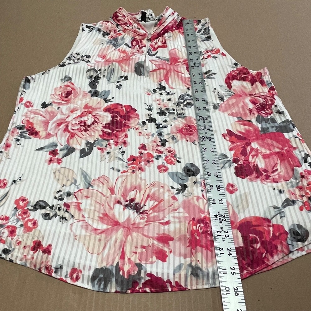 White House Black Market Sz 12 Striped Rose Keyhole Mock Neck Sleeveless Blouse - Picture 9 of 14